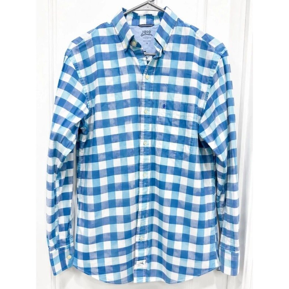 IZOD Saltwater Men’s Blue Aqua Plaid Button-Down Shirt Small Long Sleeve